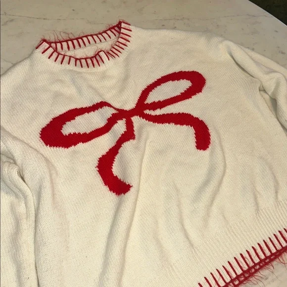 White Sweater with Red Bow Accent size large - Picture 2 of 8